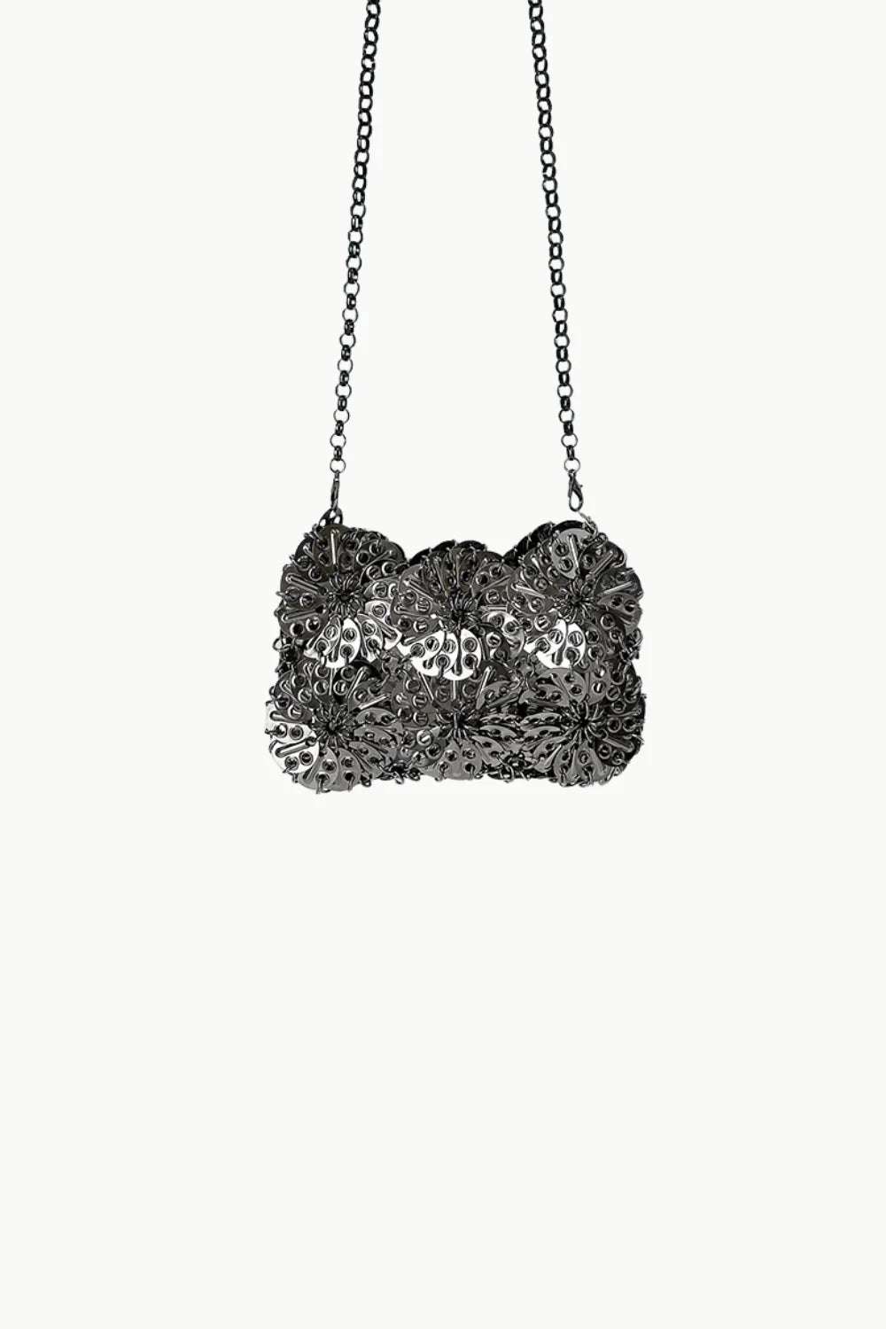 Dark gray metallic chainmail Silver Beaded Clutch Bag with shoulder strap