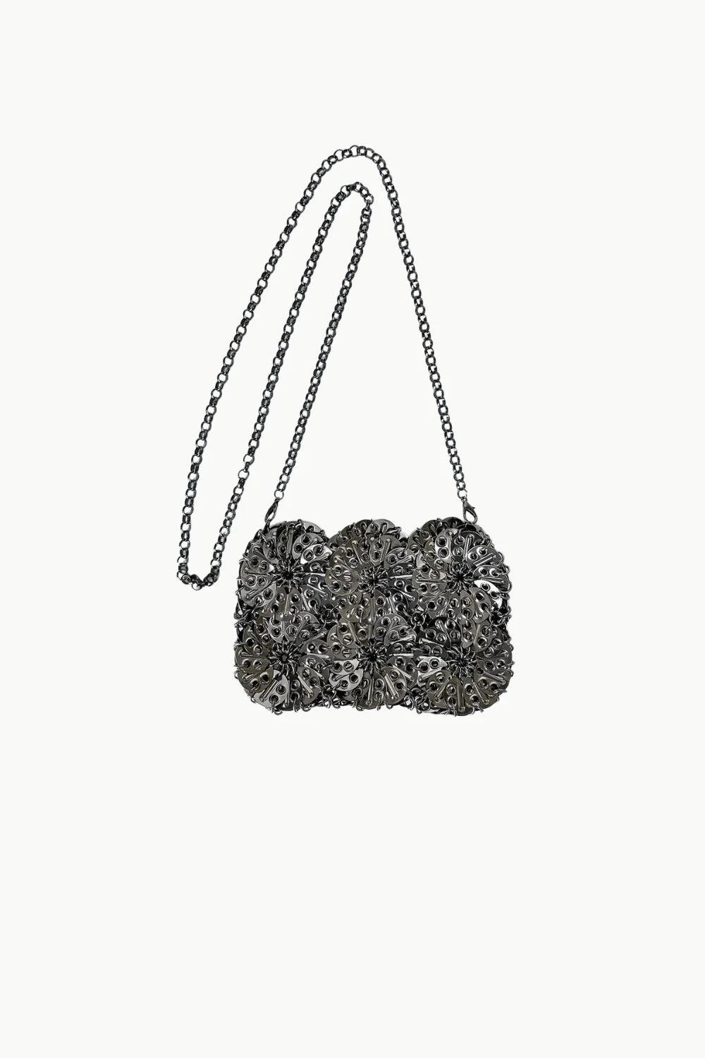 Dark gray textured metal clutch with chain strap, part of the Silver Beaded Clutch Bag collection