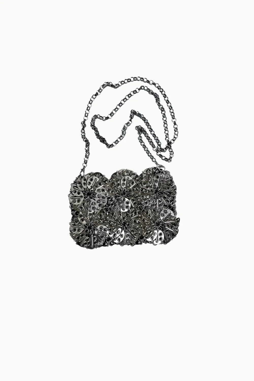 Dark metallic chainmail shoulder bag with floral design, Silver Beaded Clutch Bag