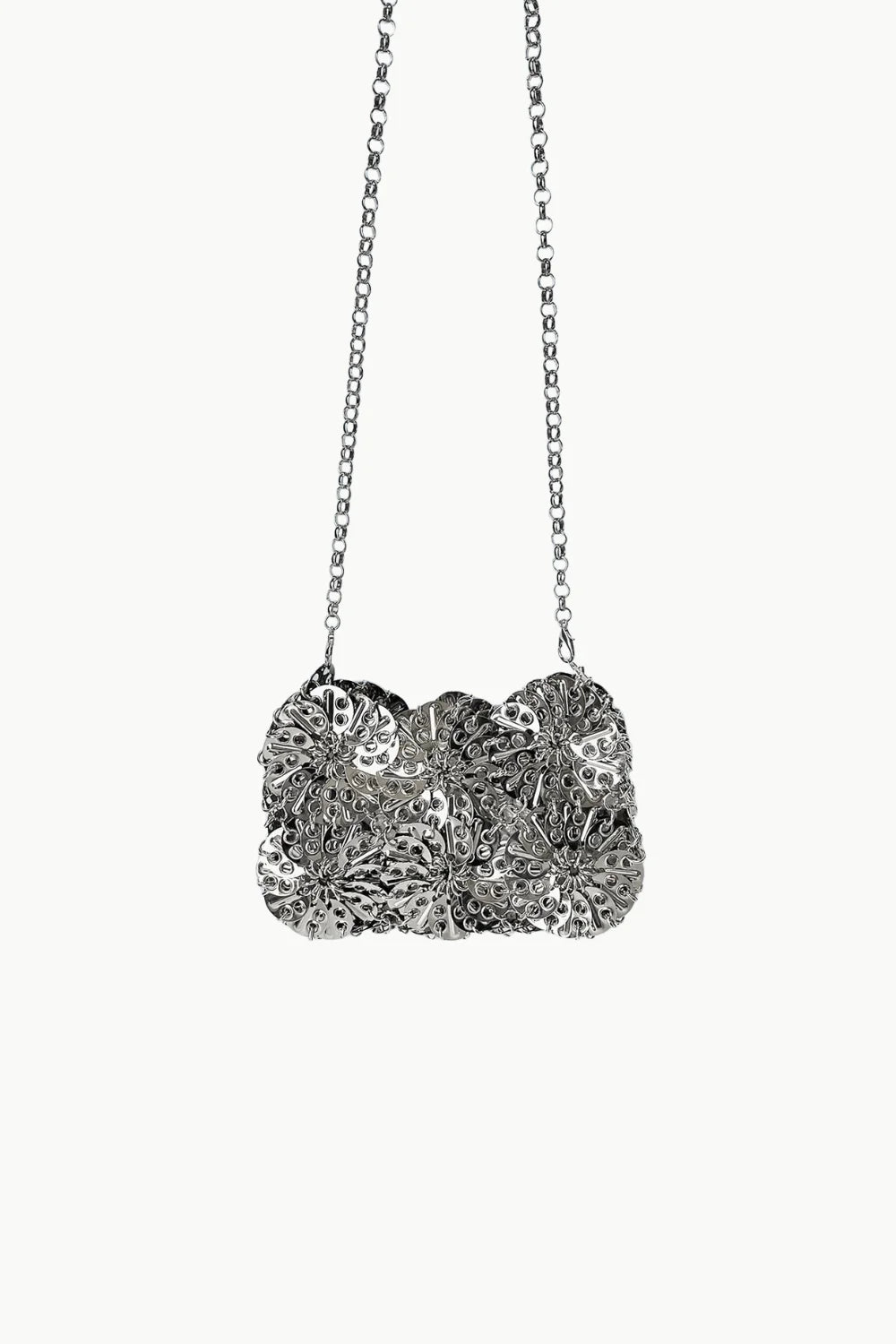 Silver beaded clutch bag with floral metal mesh design for elegant evening accessories