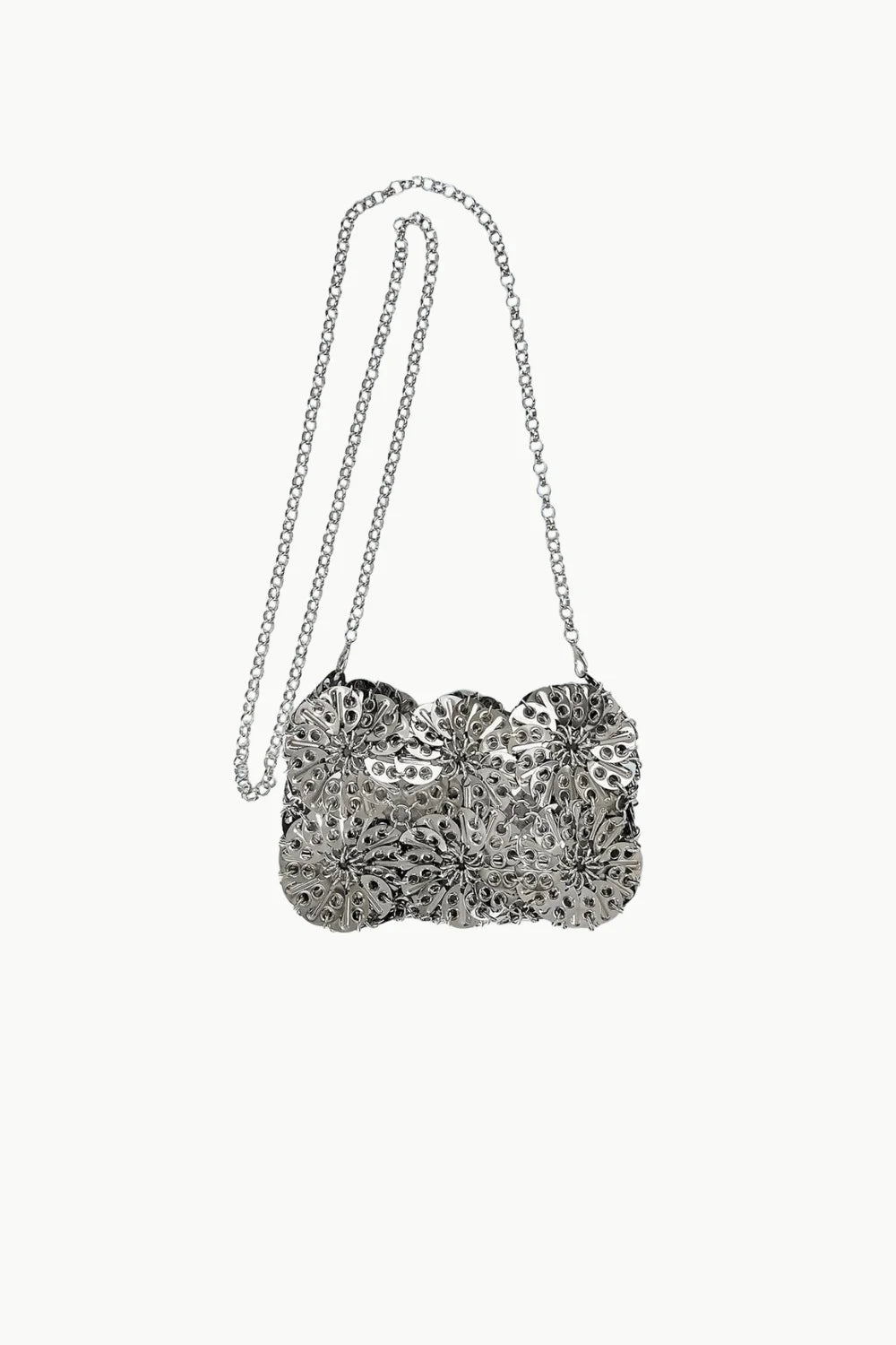 Silver Beaded Clutch Bag with perforated floral-patterned scallop-edged flap