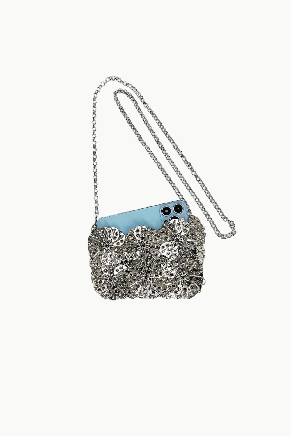 Silver Beaded Clutch Bag with metal chain-link shoulder strap and light blue smartphone