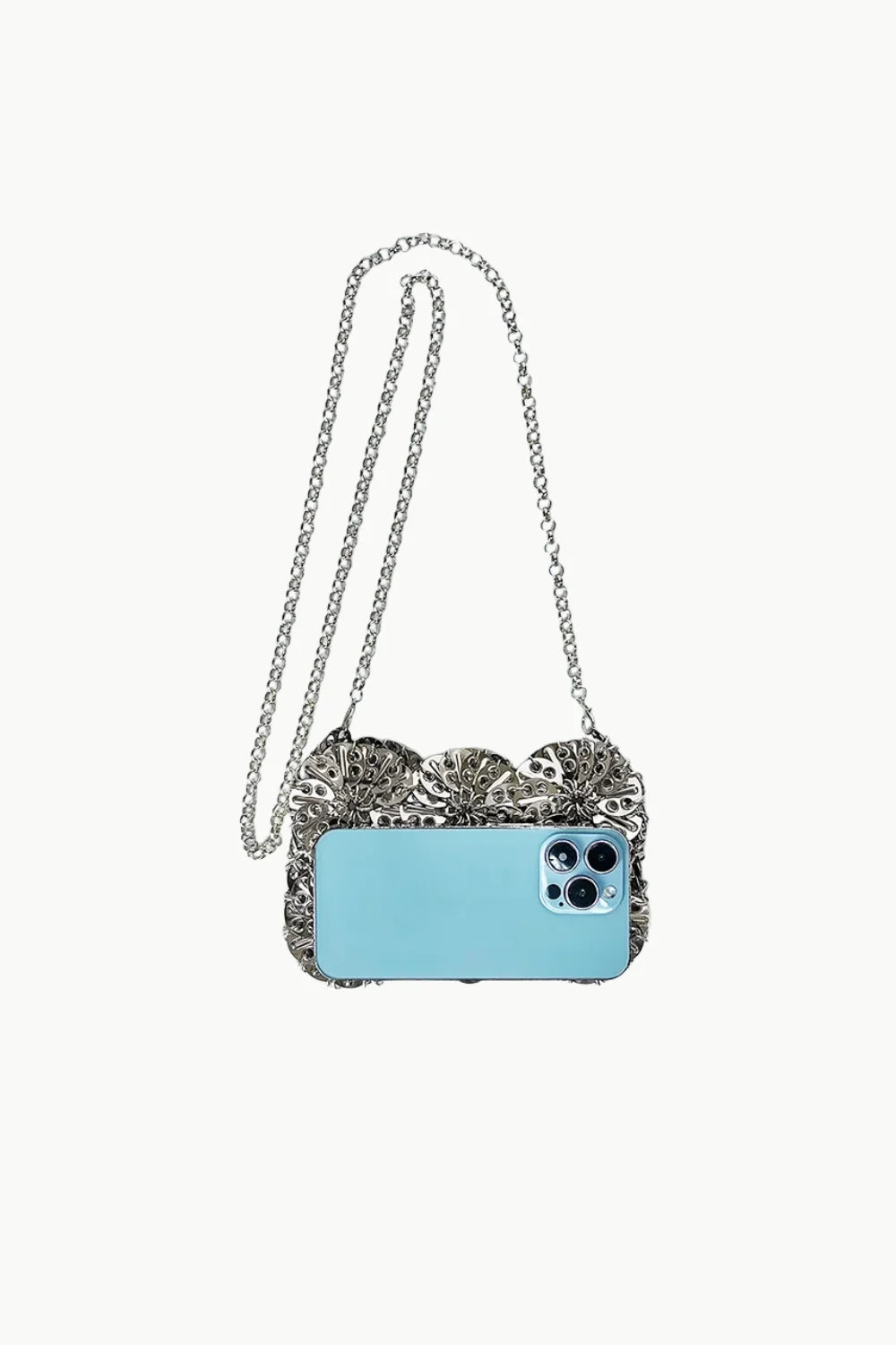 Silver beaded clutch with a silver-toned metal phone case and shoulder chain