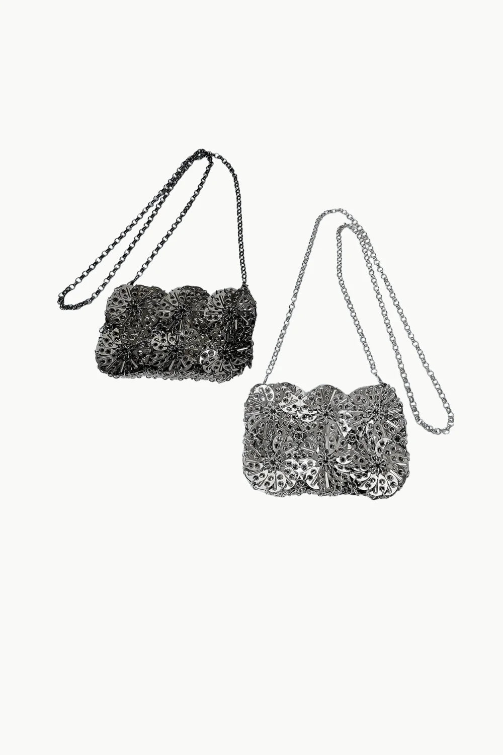 Silver beaded clutch bags with wavy textured chainmail design in dark gray and silver