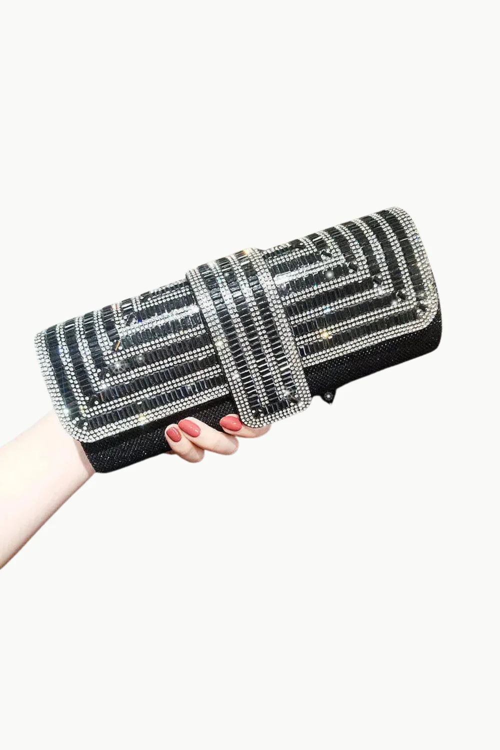 Silver Beaded Clutch bag with rhinestone geometric pattern and embellished strap