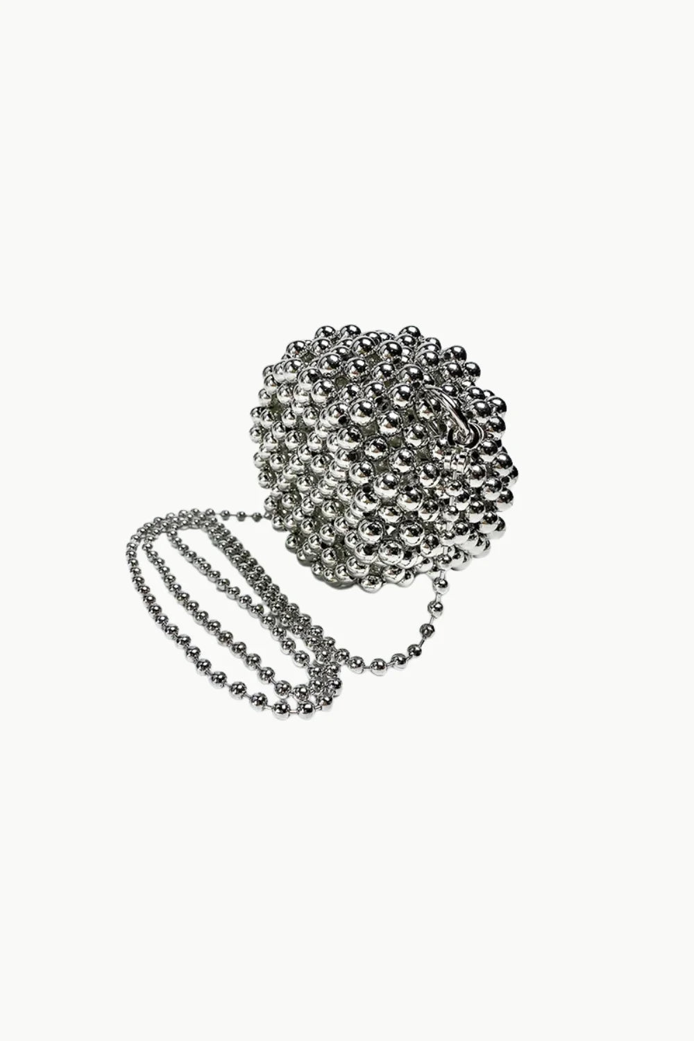 Silver beaded garland coiled around a silver beaded clutch evening bag for elegant style