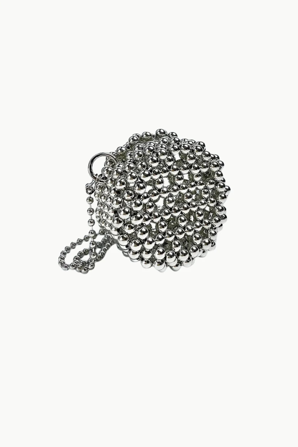 Silver beaded clutch evening bag with metallic finish and ball chain strap