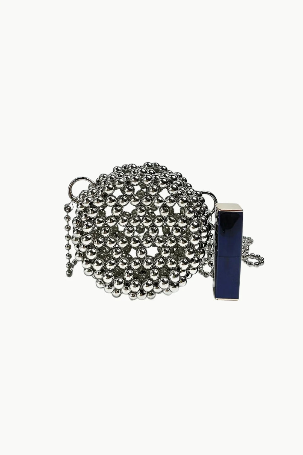 Silver beaded clutch evening bag with dark blue rectangular charm for elegant occasions
