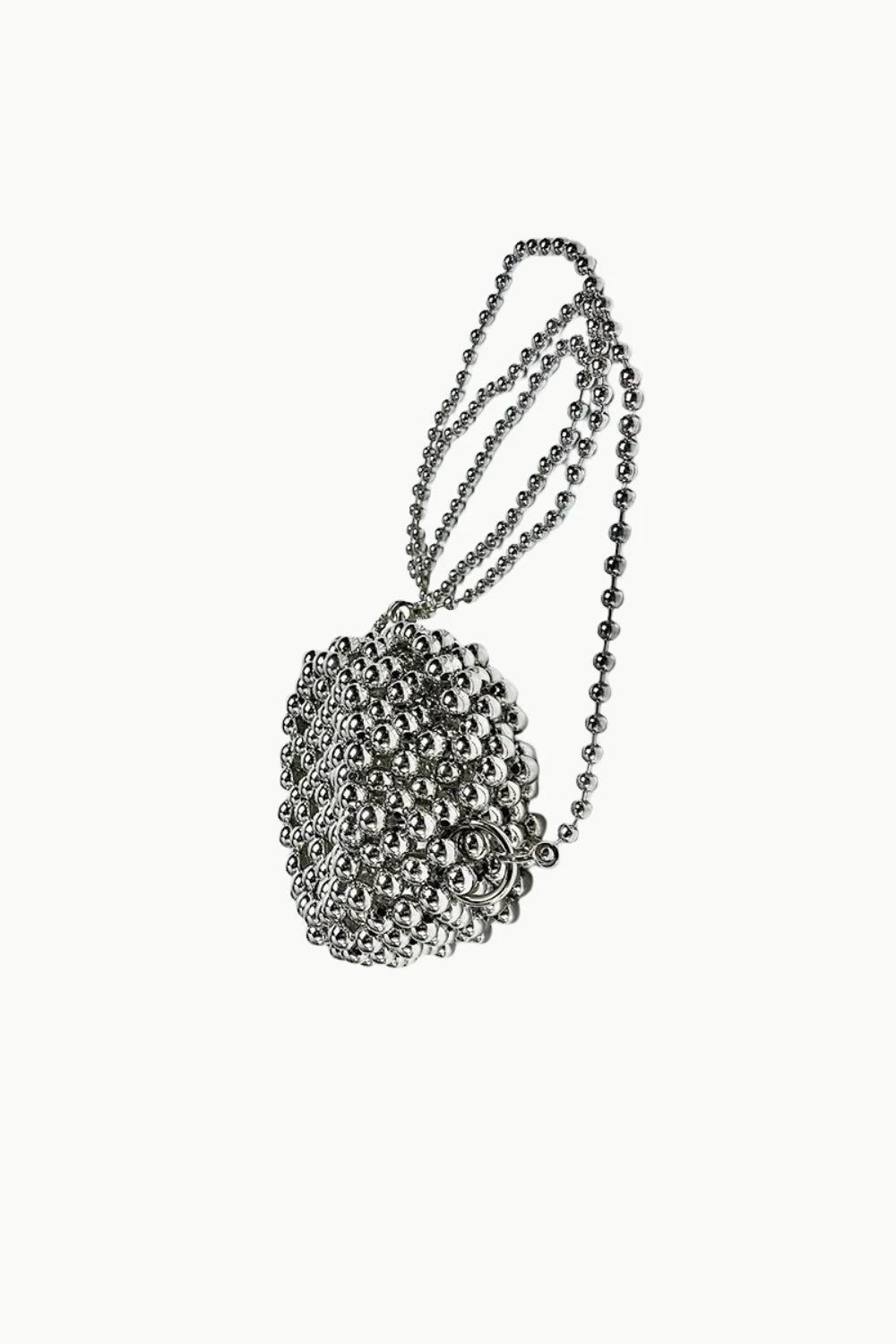 Silver beaded clutch evening bag with a circular beaded pendant necklace display