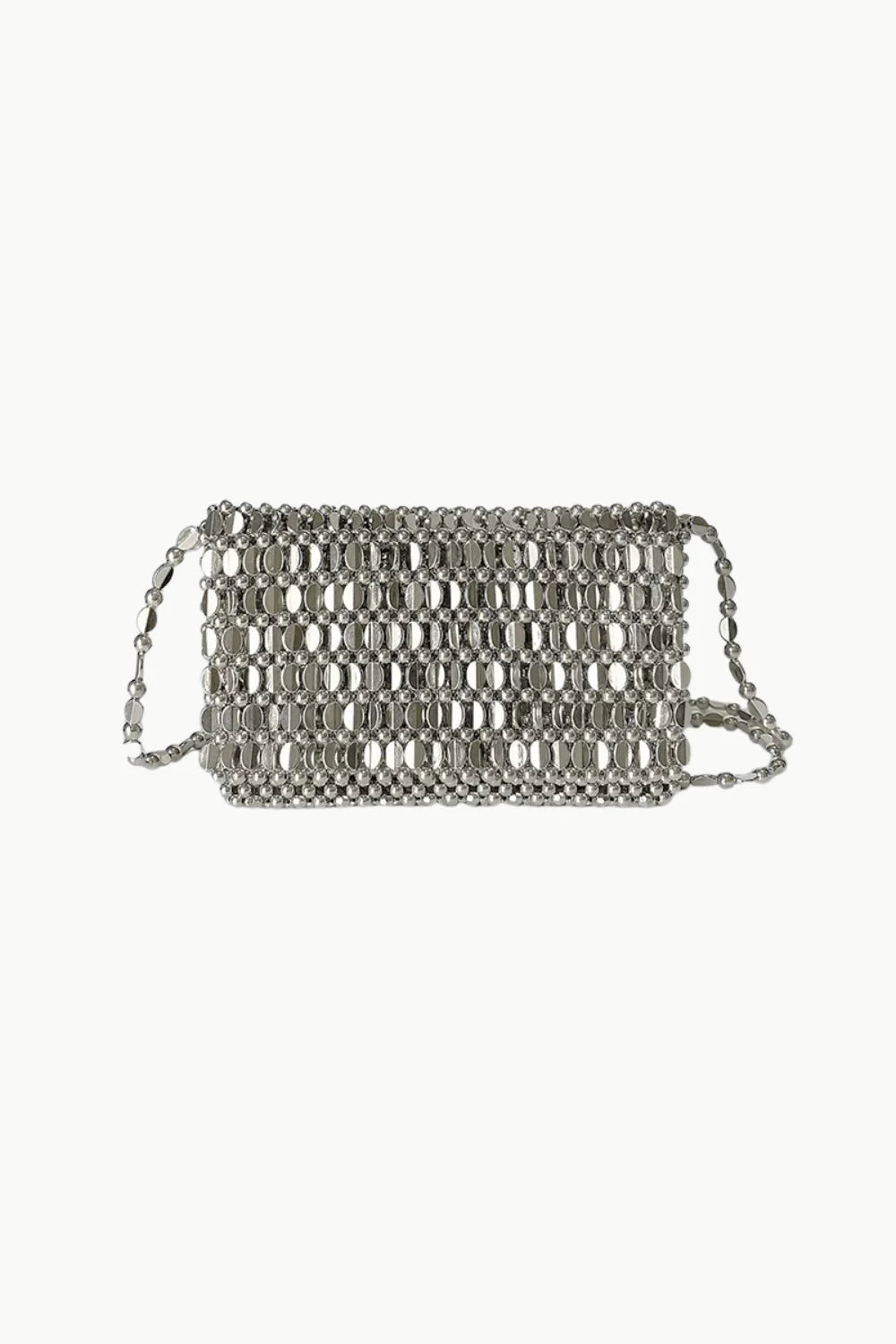 Silver beaded clutch purse with rectangular shape and chain strap for elegant occasions