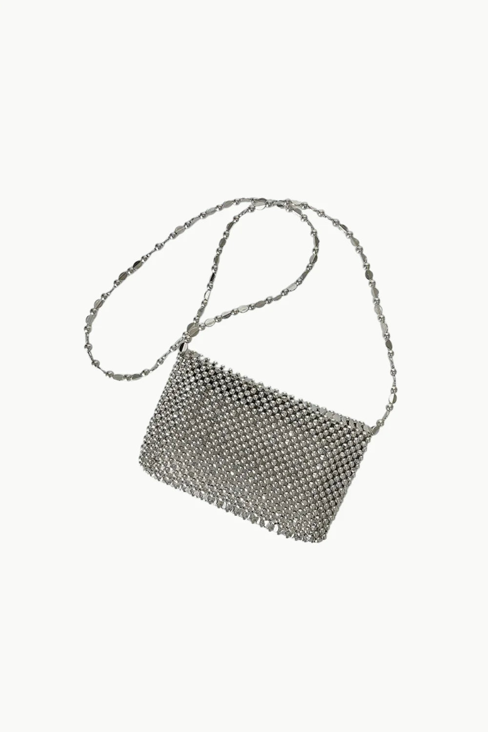 Silver Beaded Clutch Purse with shimmering textured surface and thin shoulder strap