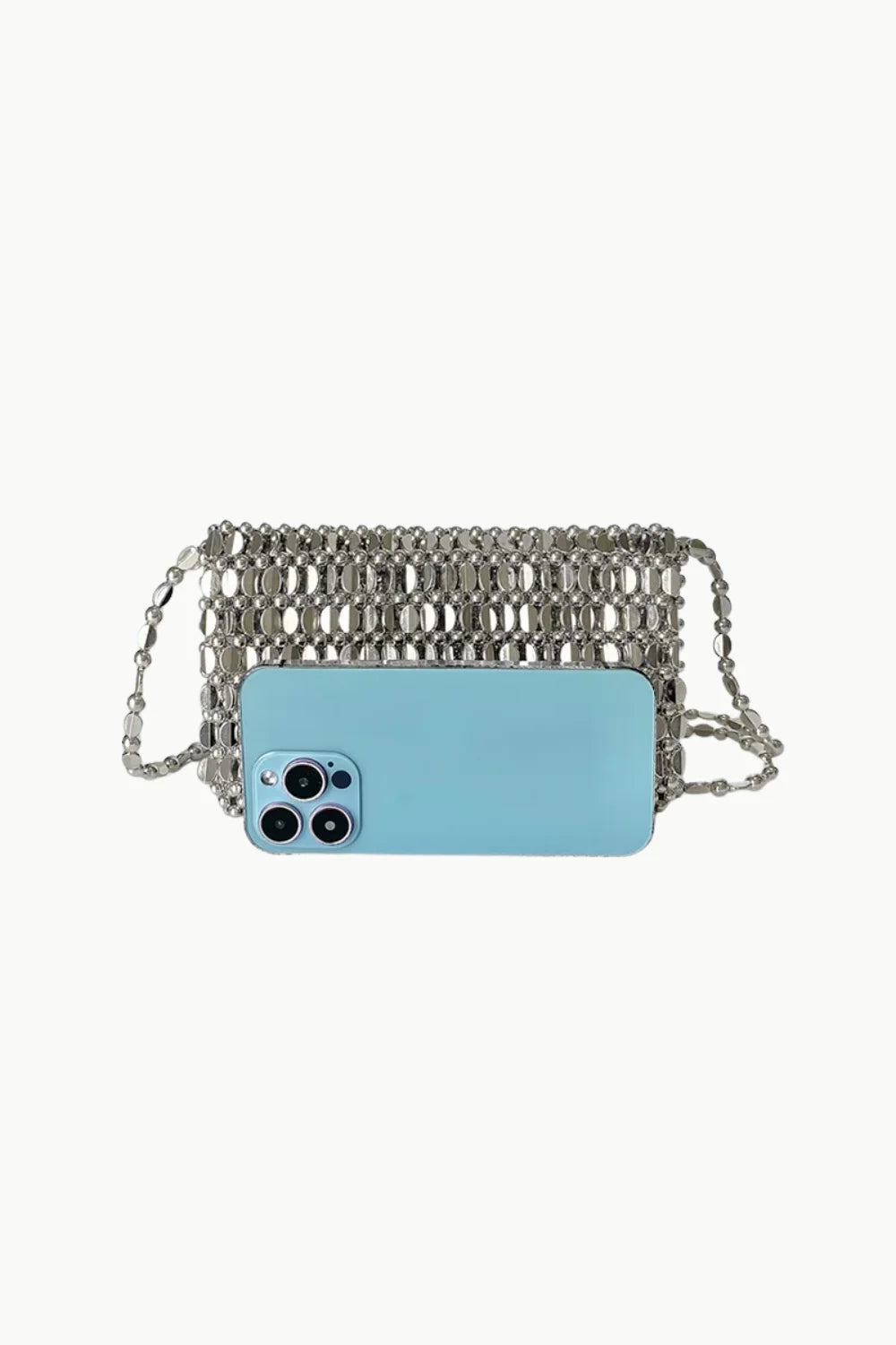 Silver beaded clutch purse with shoulder strap and attached light blue smartphone