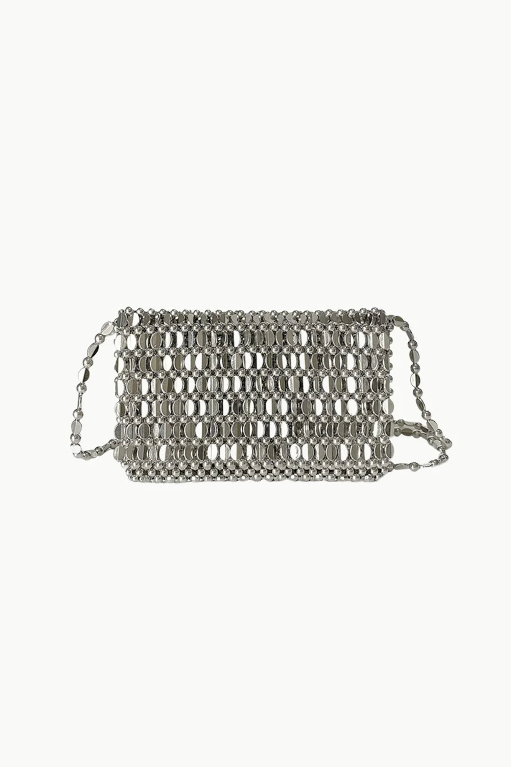 Silver beaded clutch purse with metallic chain strap for elegant evening occasions