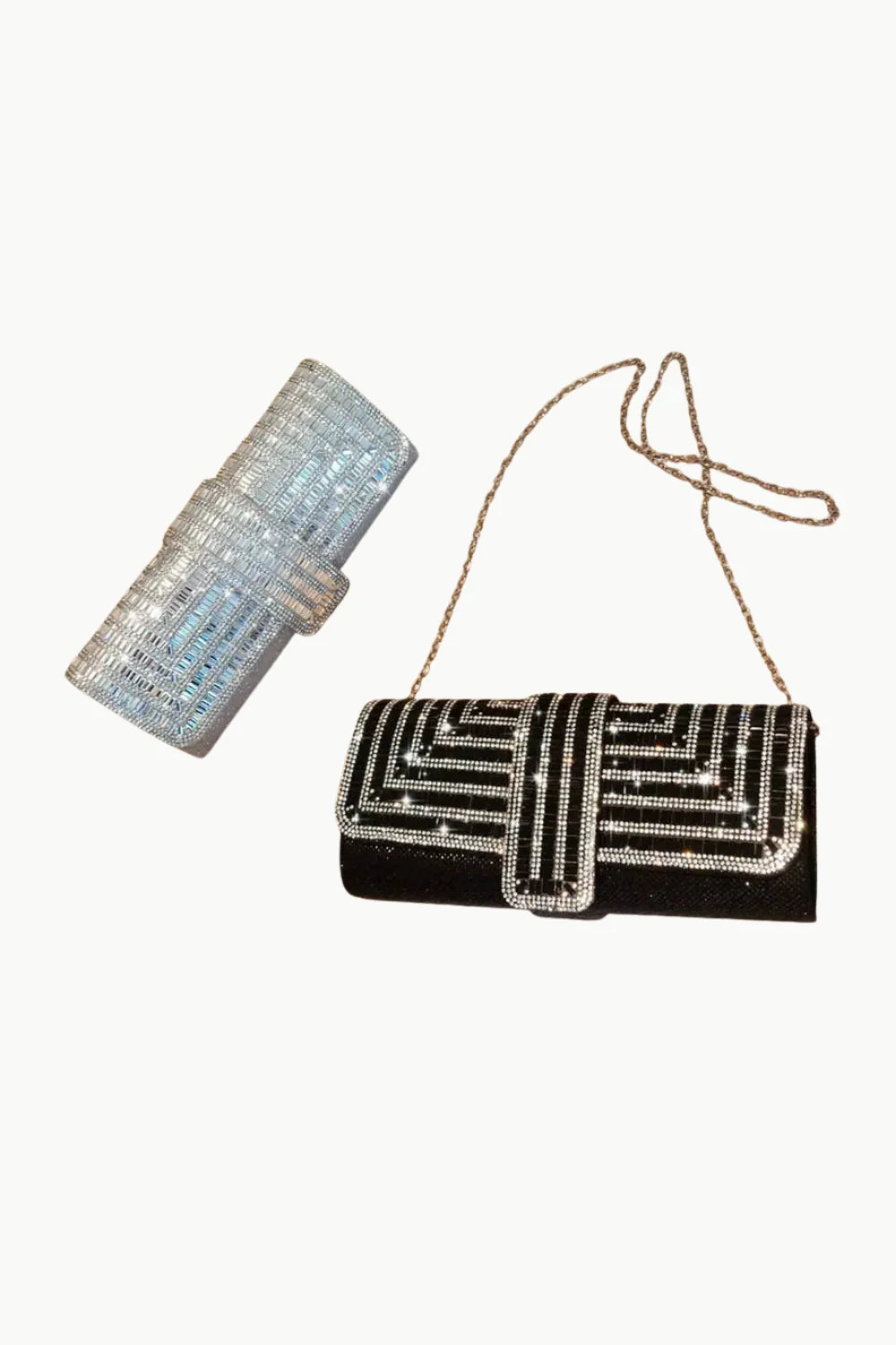 Silver beaded clutch bags with rhinestones, one silver and one black with gold chain strap