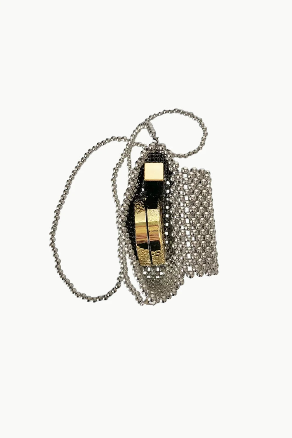 Silver beaded crossbody bag with gold clasp and chain strap for stylish accessorizing