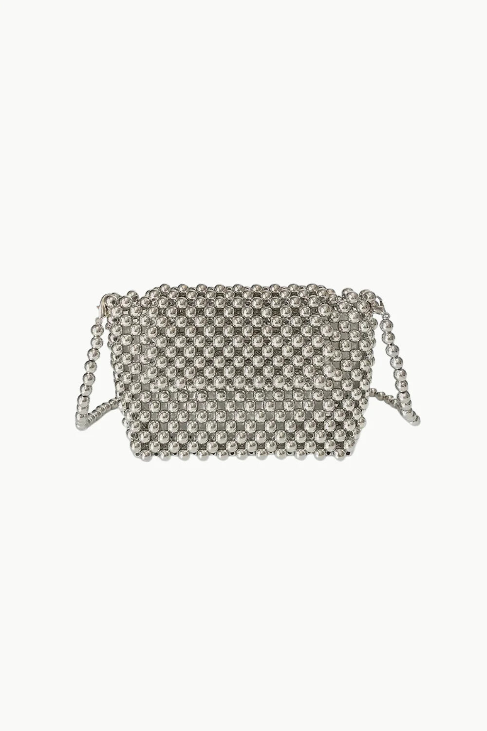 Silver beaded crossbody bag with rectangular shape and two short straps