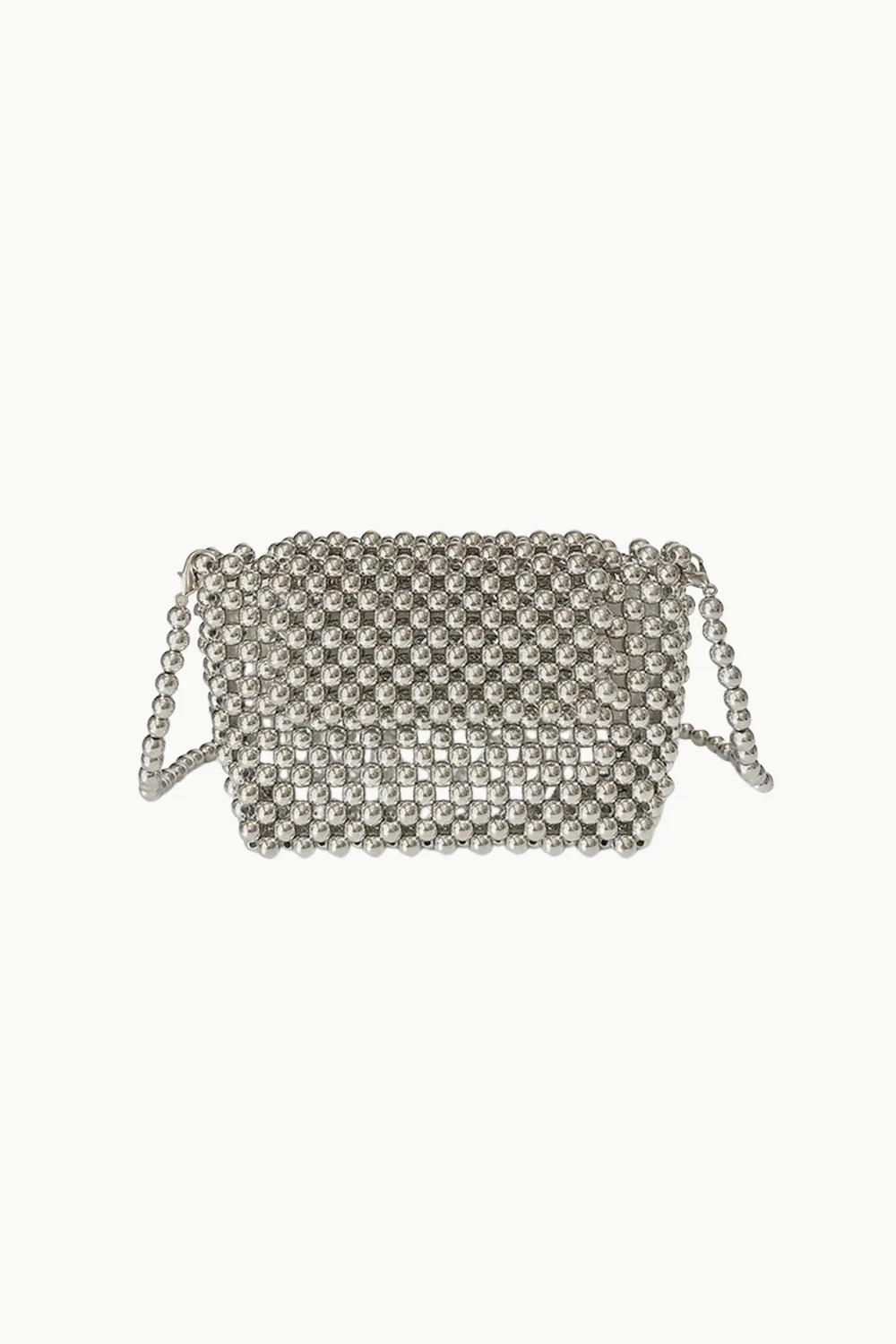Silver beaded crossbody bag with rectangular shape and flap closure for stylish wear