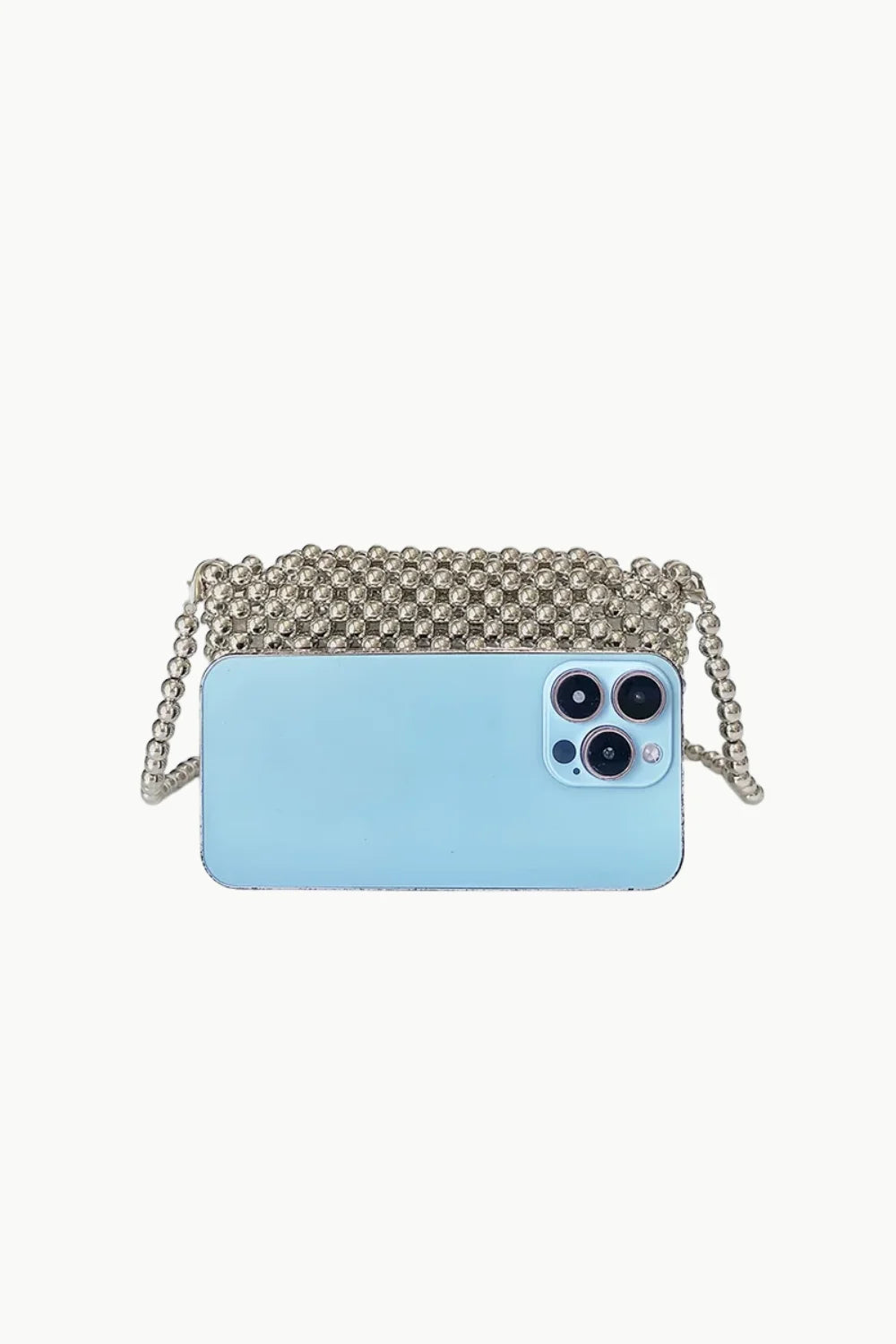 Silver beaded crossbody bag with light blue smartphone inside for stylish accessories