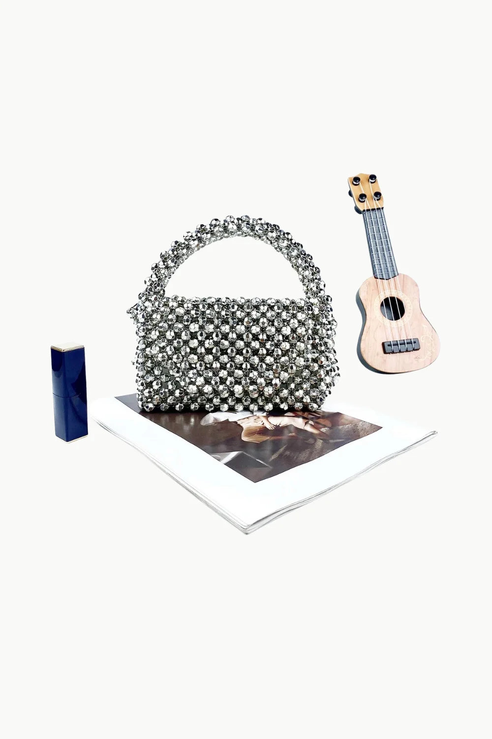 Silver beaded evening bag with top handle, perfect beaded evening accessory