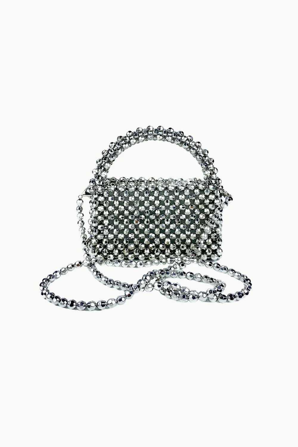 Silver beaded evening bag with shoulder strap, perfect for elegant beaded evening events