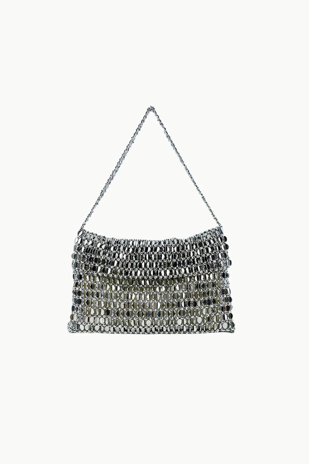 Silver beaded evening bag with chainmail shoulder design for a stylish beaded evening look