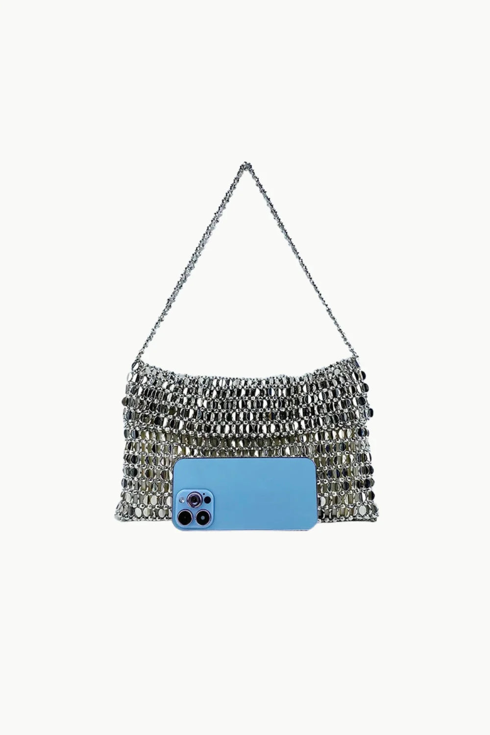 Silver beaded evening bag with shimmering chainmail shoulder strap and blue smartphone