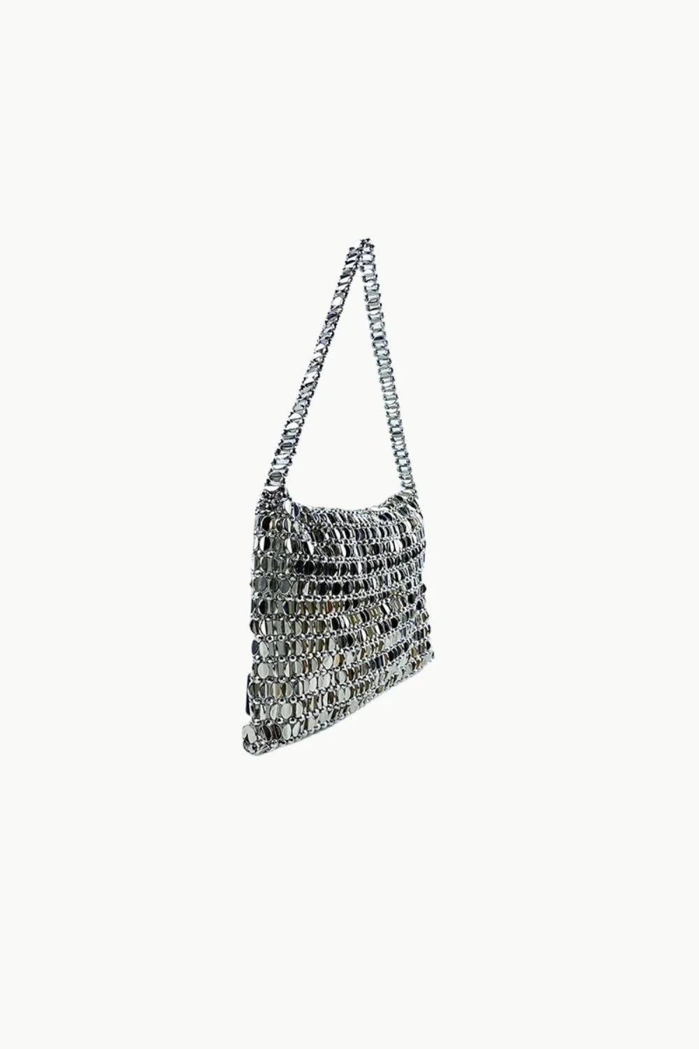 Silver beaded evening bag with metallic chainmail shoulder strap for elegant occasions