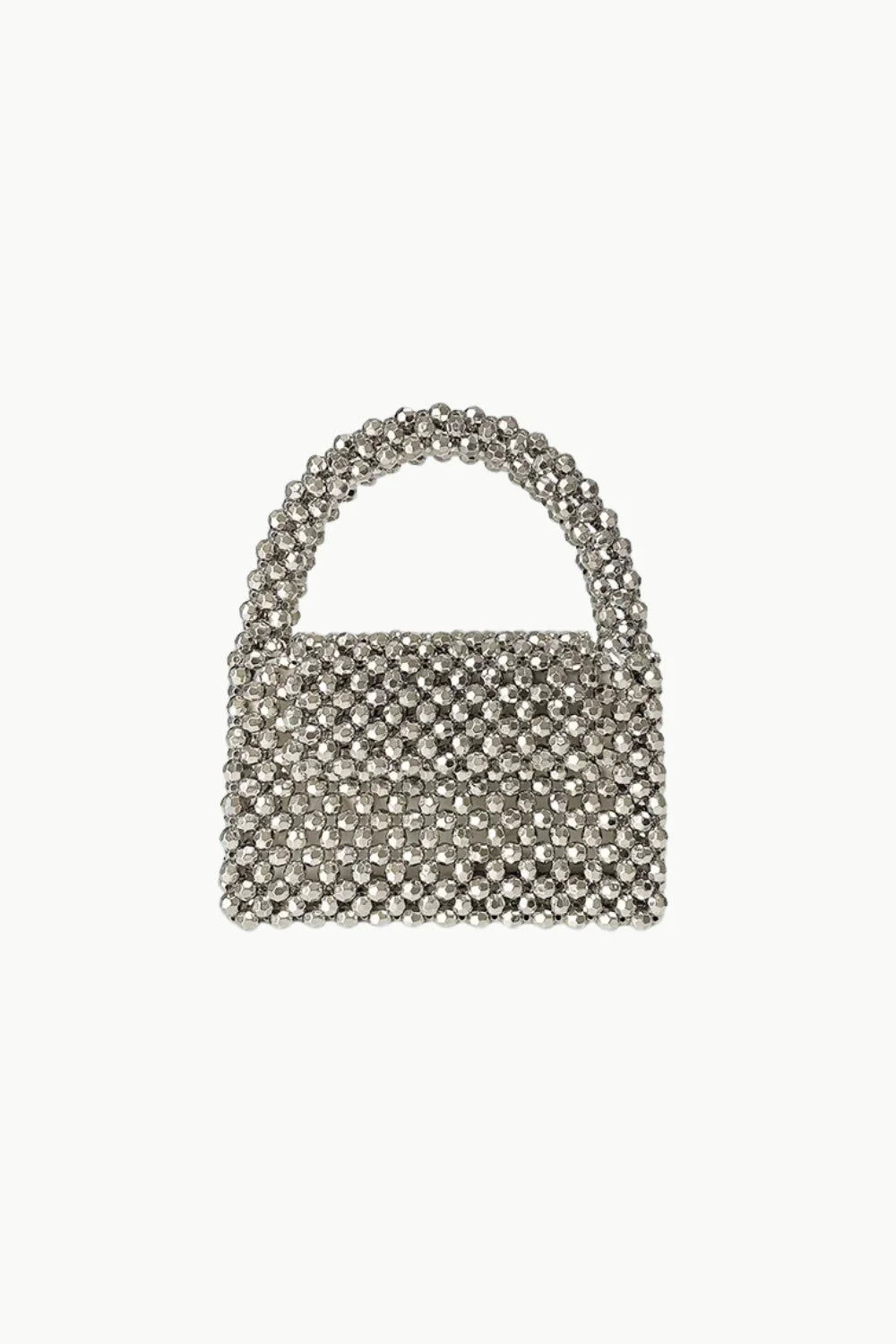 Silver beaded handbag with top handle, stylish silver beaded handbag accessory