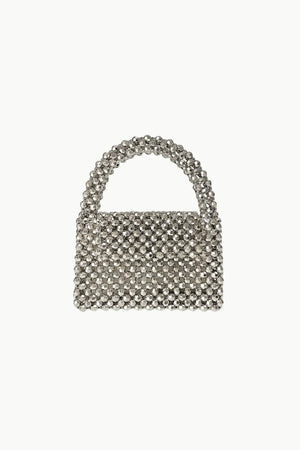 Silver beaded handbag with top handle, stylish silver beaded handbag accessory
