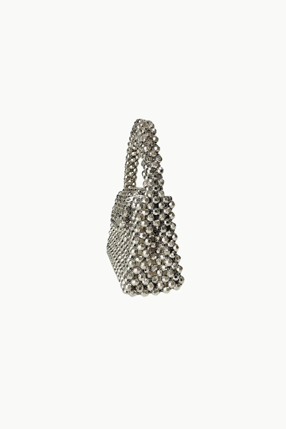 Silver beaded handbag with top handle, stylish silver beaded handbag accessory