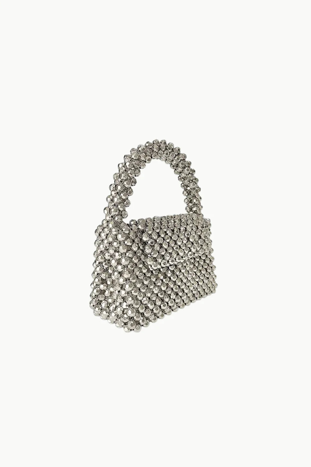 Silver Beaded Handbag with Top Handle and Flap Closure for Elegant Style