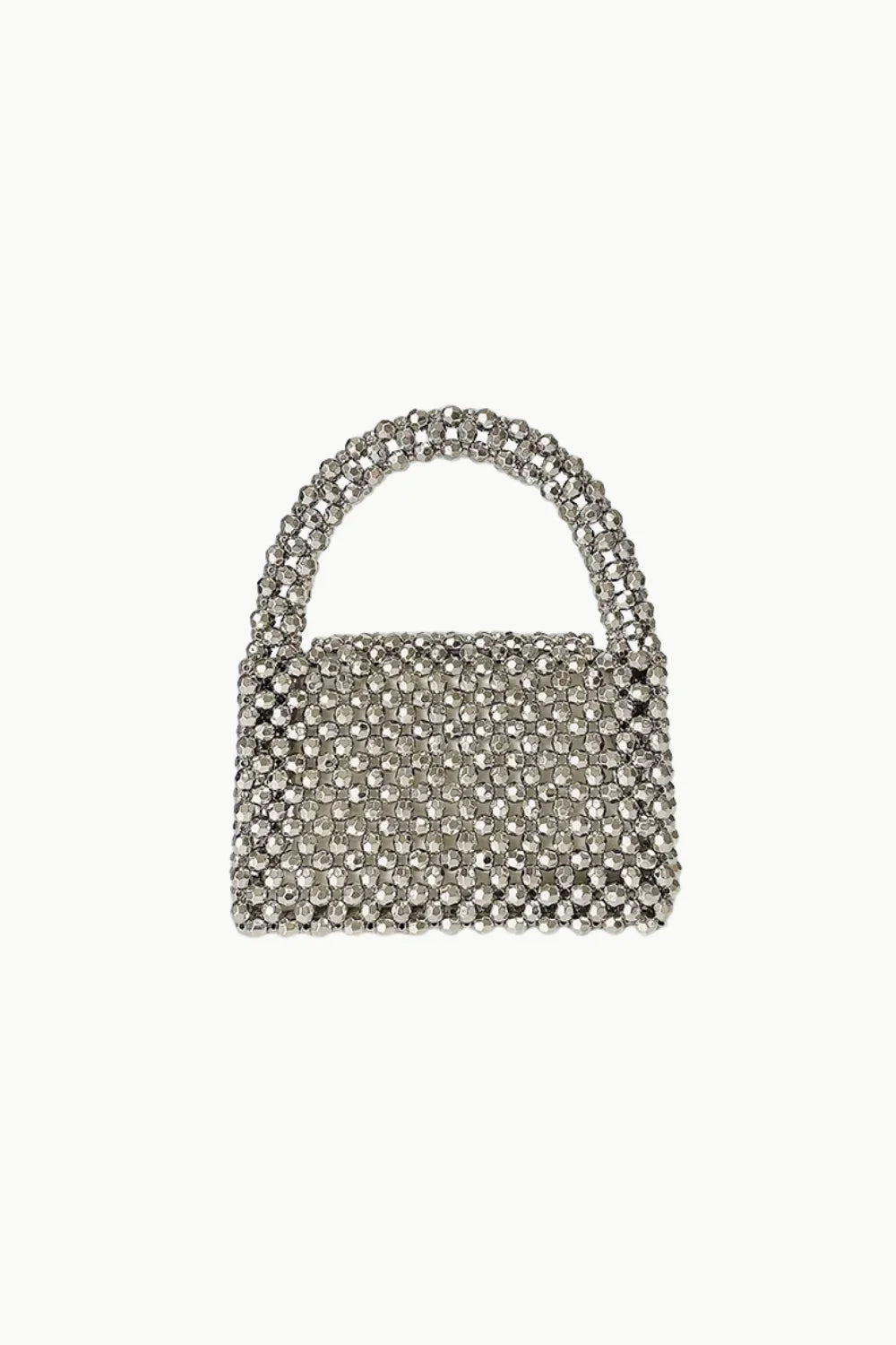 Silver beaded handbag with rounded top handle, stylish silver beaded handbag accessory