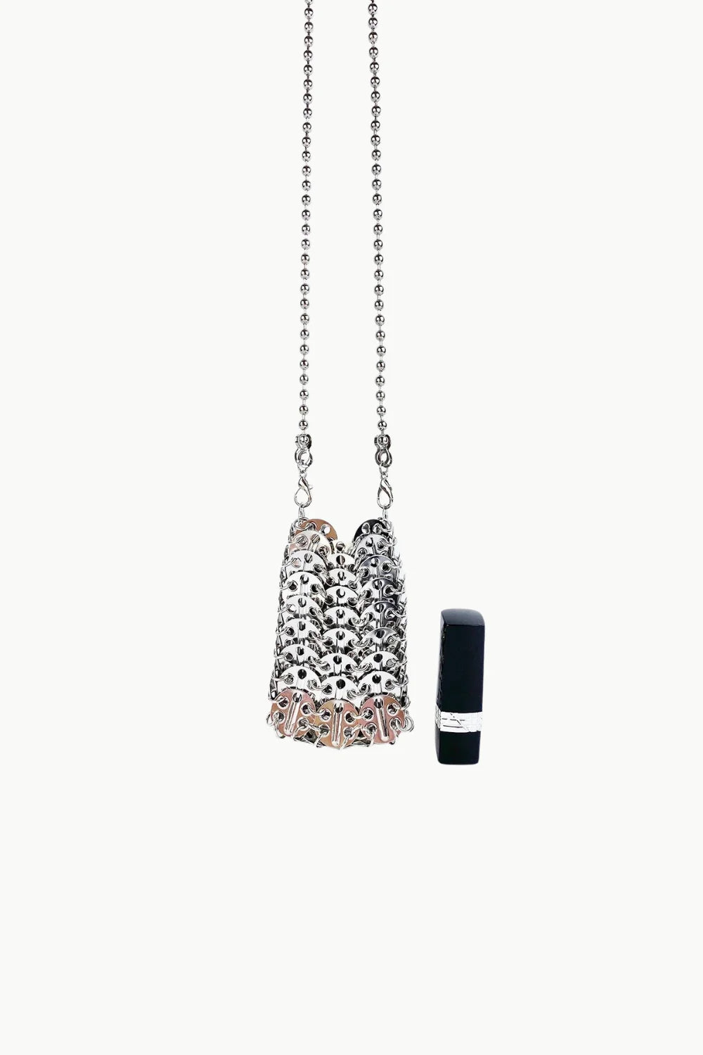 Silver Beaded Phone Bag featuring a silver chainmail purse with pink accents and a black lipstick
