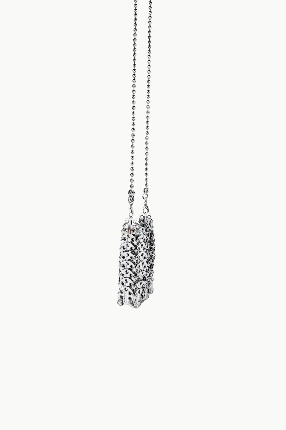 Silver Beaded Phone Bag featuring a silver chainmail shoulder strap and beaded design