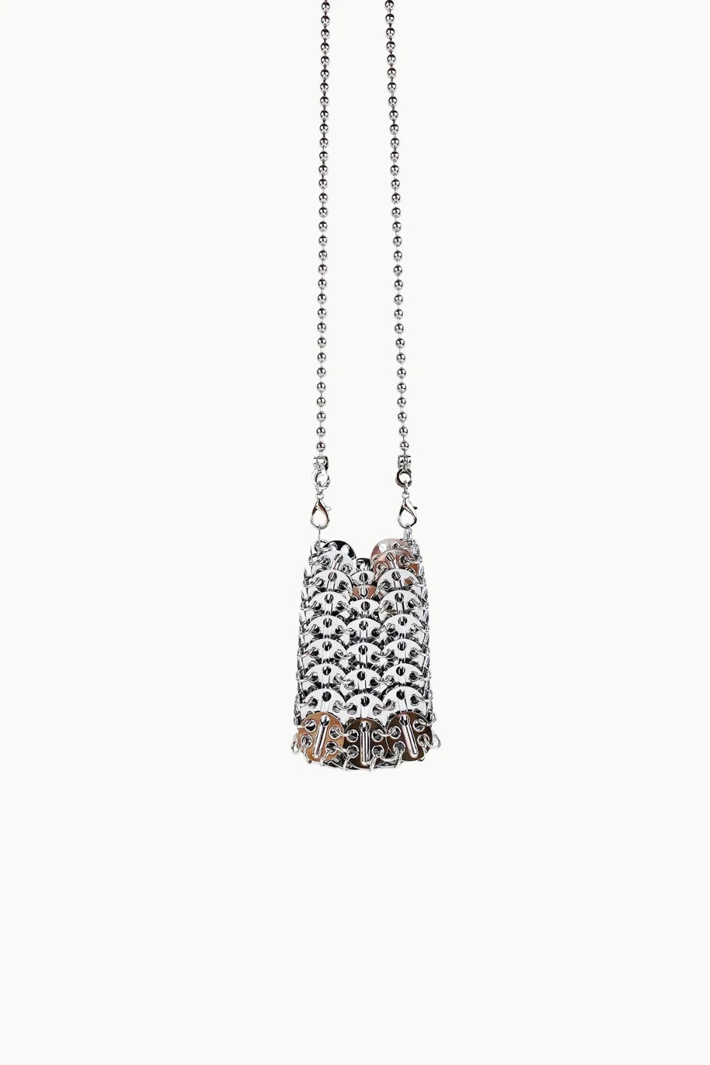 Silver Beaded Phone Bag featuring a small cylindrical chainmail pouch with metal ball chain strap