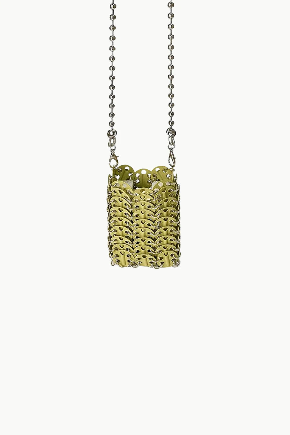 Light green woven cylindrical silver beaded phone bag with silver ball chain strap