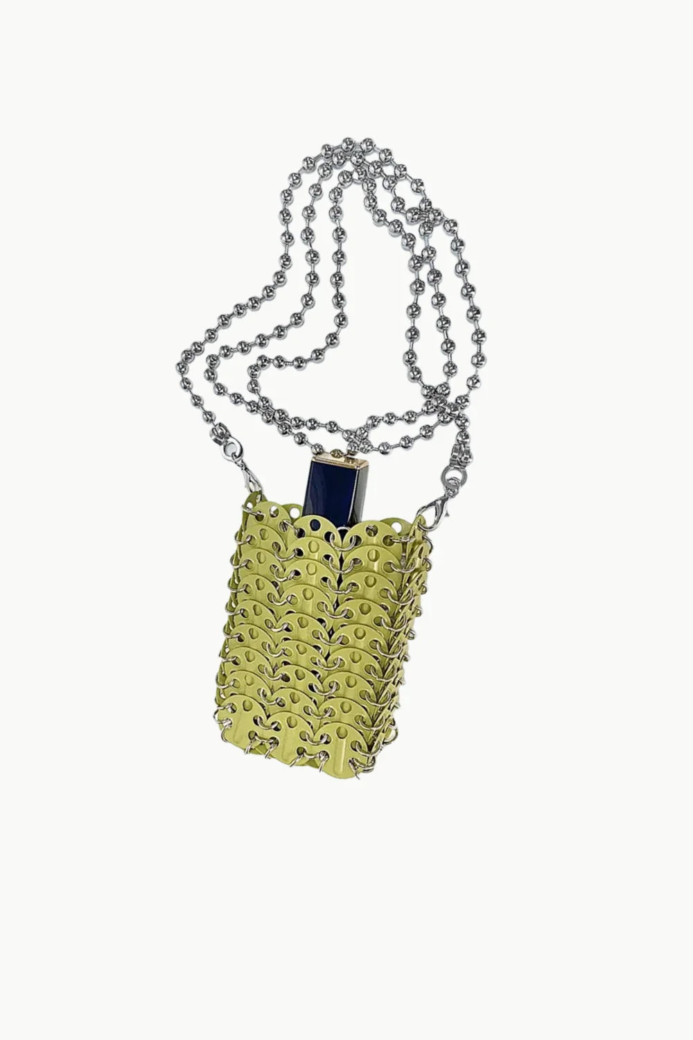 Silver beaded phone bag with gold-colored chainmail pouch and dark bottle inside