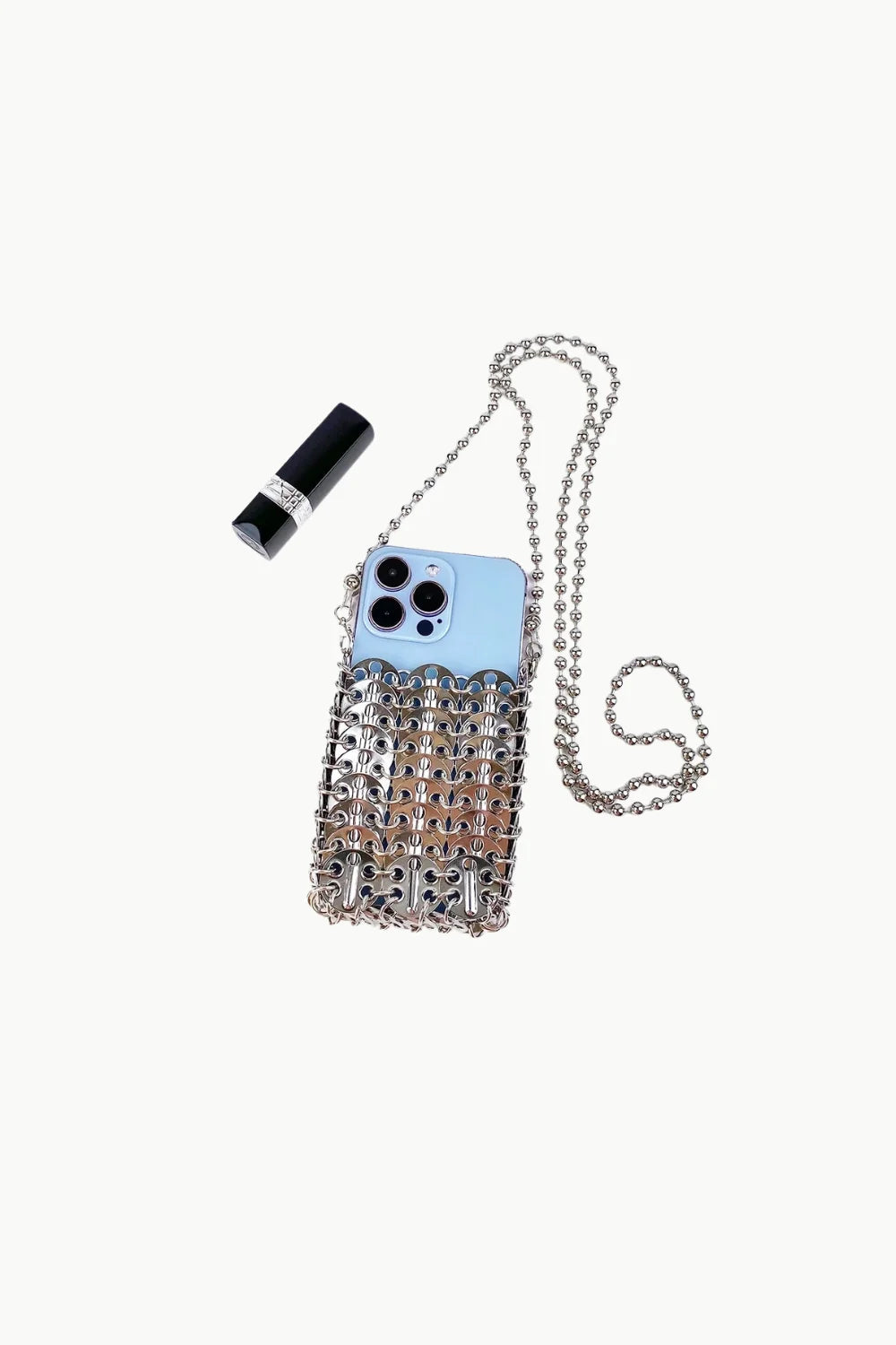 Light blue smartphone in silver beaded phone bag with black lipstick accessory