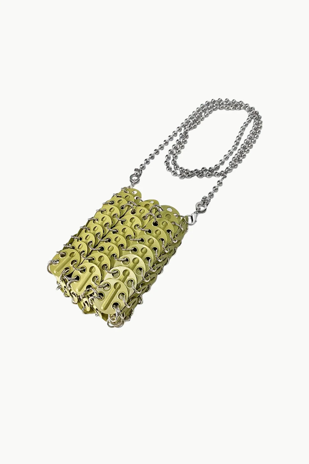Light green beaded phone bag made from linked can tabs with silver beaded chain strap