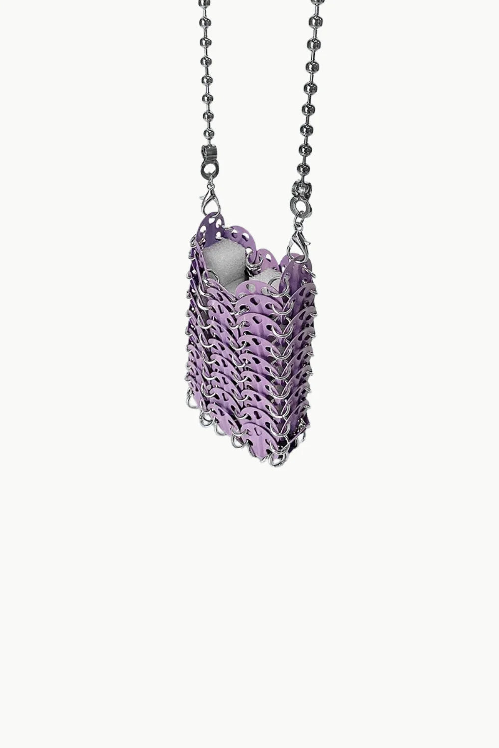 Lilac chainmail mini bag with silver beaded strap, perfect for a silver beaded phone look