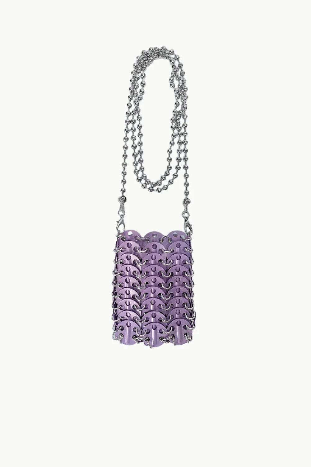 Lilac chainmail shoulder bag with silver beaded strap, perfect silver beaded phone accessory