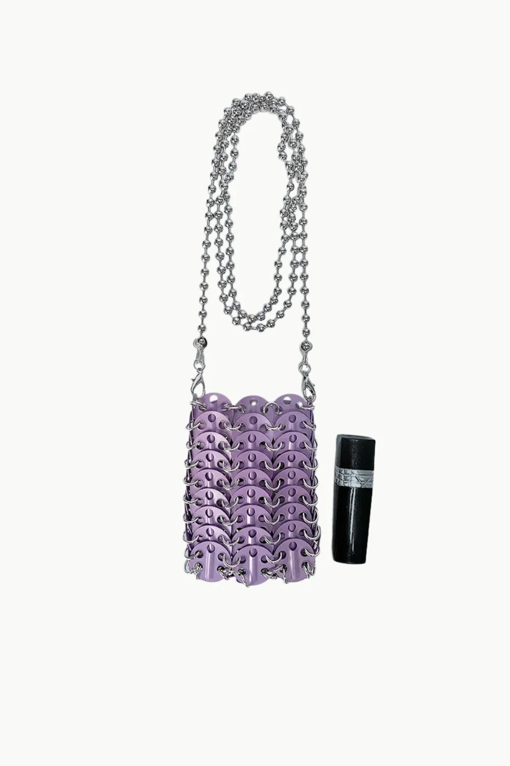 Purple disco chainmail mini bag with silver beaded phone strap, stylish beaded phone accessory