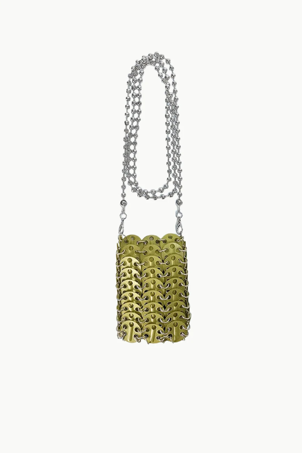 Silver Beaded Phone Bag made from metallic green pull tabs with silver chain strap