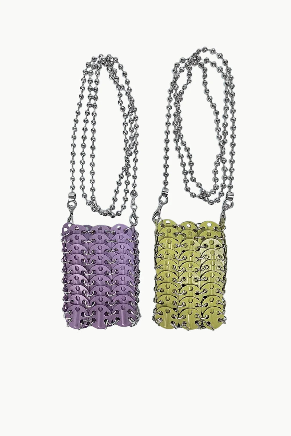 Silver beaded phone bags with chainmail style and long beaded straps in purple and lime green
