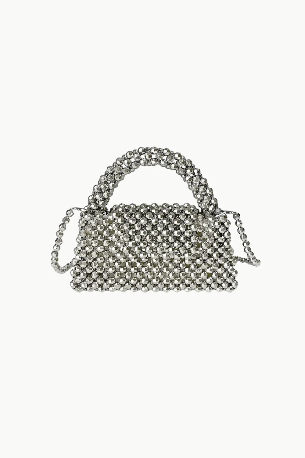 Silver beaded purse with top handle and shoulder strap, stylish silver beaded handbag