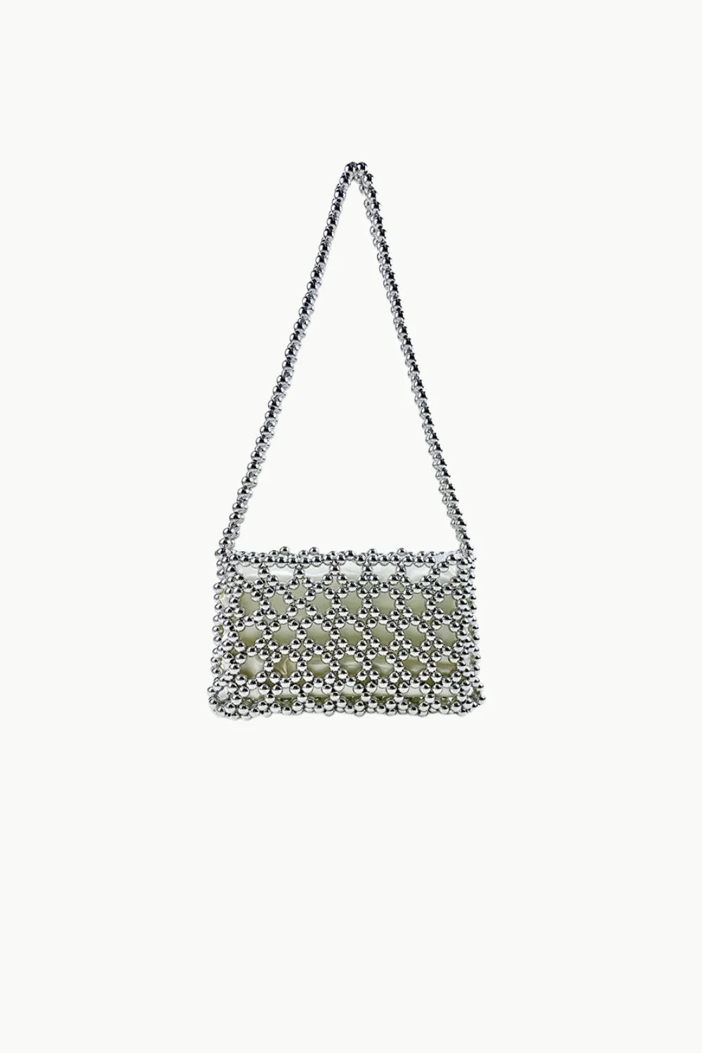 Silver beaded shoulder bag with geometric pattern for stylish evening wear