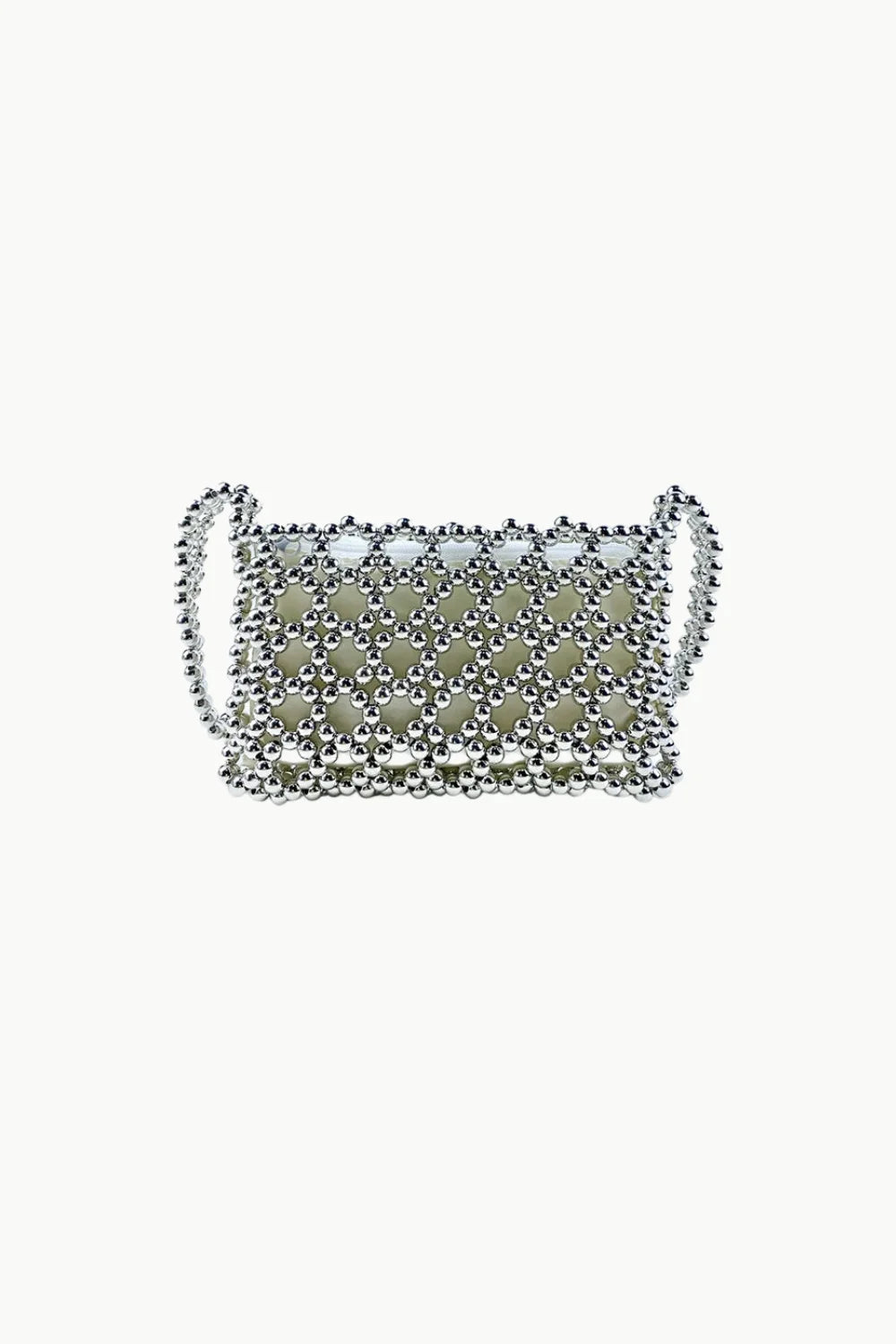 Silver beaded shoulder bag with intricate woven design, perfect for stylish occasions