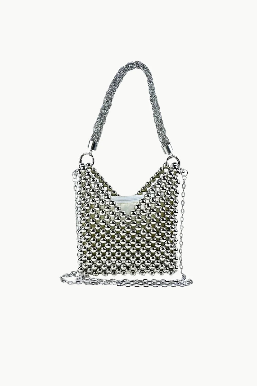 Silver beaded tote bag with braided top handle and detachable chain strap