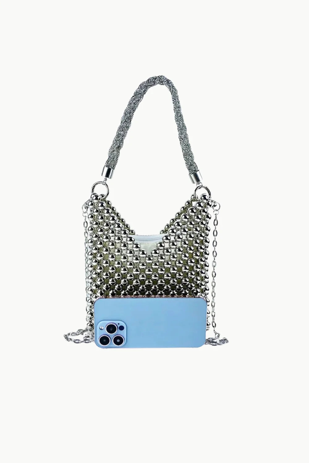 Silver beaded tote bag with short braided strap and long chain strap holding a light blue smartphone