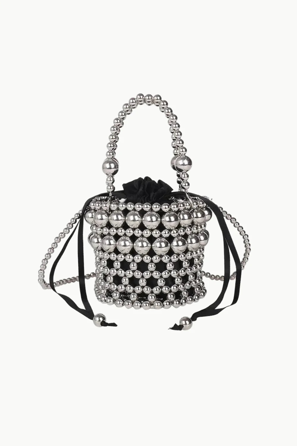 Silver bucket bag with beading and black drawstring pouch for stylish accessories